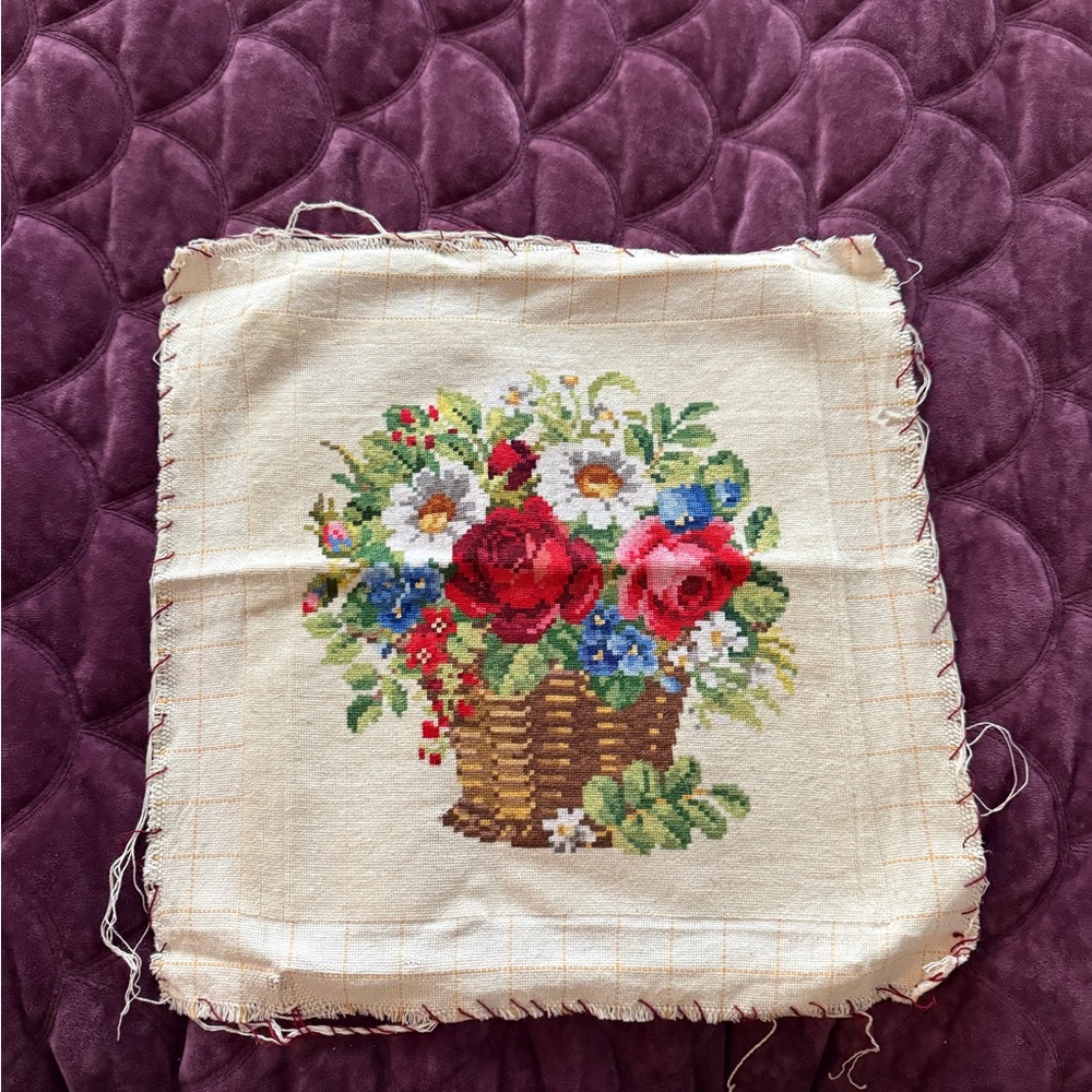 Floral Needlepoint Art with Red and Blue Flowers